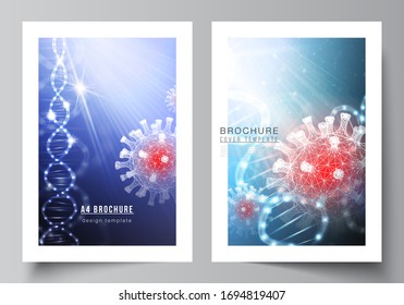 Vector Layout Of A4 Cover Mockups Templates For Brochure, Flyer Layout, Booklet, Cover Design, Book Design. 3d Medical Background Of Corona Virus. Covid 19, Coronavirus Infection. Virus Concept.