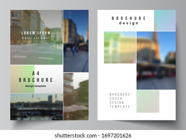 Vector layout of A4 cover mockups design templates for brochure, flyer layout, booklet, cover design, book design, brochure cover. Abstract project with clipping mask green squares for your photo.