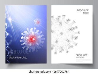 Vector layout of A4 cover mockups templates for brochure, flyer layout, booklet, cover design, book design. 3d medical background of corona virus. Covid 19, coronavirus infection. Virus concept.