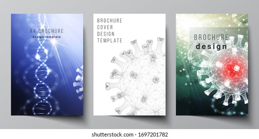 Vector Layout Of A4 Cover Mockups Templates For Brochure, Flyer Layout, Booklet, Cover Design, Book Design. 3d Medical Background Of Corona Virus. Covid 19, Coronavirus Infection. Virus Concept.