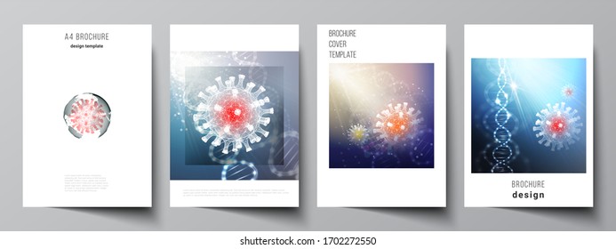 Vector layout of A4 cover mockups templates for brochure, flyer layout, booklet, cover design, book design. 3d medical background of corona virus. Covid 19, coronavirus infection. Virus concept.