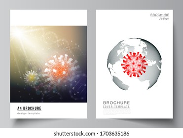 Vector layout of A4 cover mockups templates for brochure, flyer layout, booklet, cover design, book design. 3d medical background of corona virus. Covid 19, coronavirus infection. Virus concept.