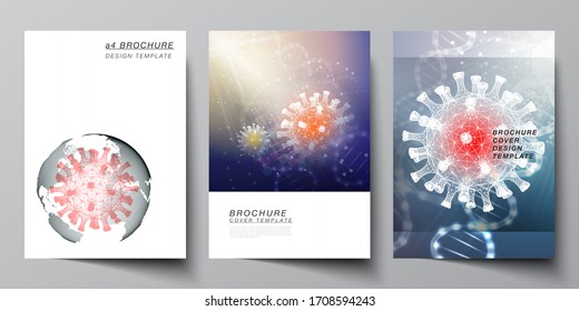 Vector Layout Of A4 Cover Mockups Templates For Brochure, Flyer Layout, Booklet, Cover Design, Book Design. 3d Medical Background Of Corona Virus. Covid 19, Coronavirus Infection. Virus Concept.