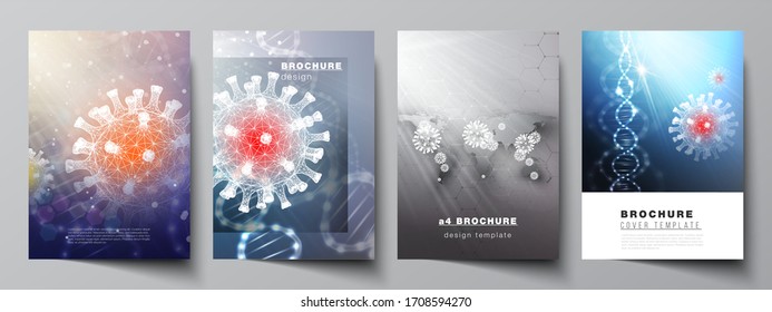 Vector layout of A4 cover mockups templates for brochure, flyer layout, booklet, cover design, book design. 3d medical background of corona virus. Covid 19, coronavirus infection. Virus concept.