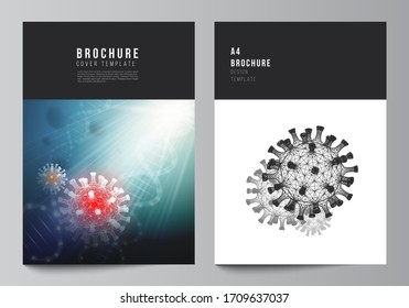 Vector layout of A4 cover mockups templates for brochure, flyer layout, booklet, cover design, book design. 3d medical background of corona virus. Covid 19, coronavirus infection. Virus concept.