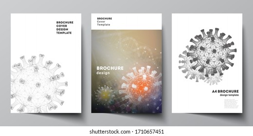 Vector layout of A4 cover mockups templates for brochure, flyer layout, booklet, cover design, book design. 3d medical background of corona virus. Covid 19, coronavirus infection. Virus concept.