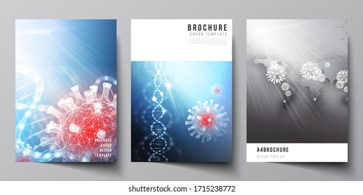 Vector layout of A4 cover mockups templates for brochure, flyer layout, booklet, cover design, book design. 3d medical background of corona virus. Covid 19, coronavirus infection. Virus concept.