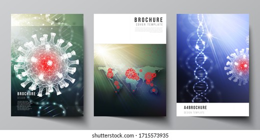 Vector layout of A4 cover mockups templates for brochure, flyer layout, booklet, cover design, book design. 3d medical background of corona virus. Covid 19, coronavirus infection. Virus concept.