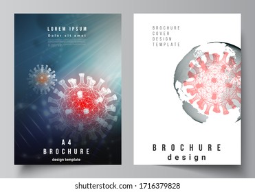 Vector layout of A4 cover mockups templates for brochure, flyer layout, booklet, cover design, book design. 3d medical background of corona virus. Covid 19, coronavirus infection. Virus concept.