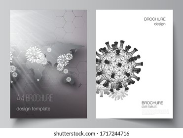 Vector layout of A4 cover mockups templates for brochure, flyer layout, booklet, cover design, book design. 3d medical background of corona virus. Covid 19, coronavirus infection. Virus concept.