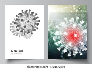 Vector layout of A4 cover mockups templates for brochure, flyer layout, booklet, cover design, book design. 3d medical background of corona virus. Covid 19, coronavirus infection. Virus concept.