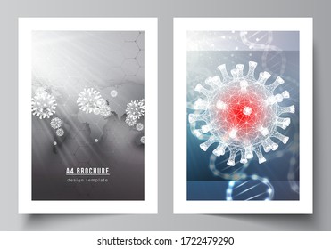 Vector layout of A4 cover mockups templates for brochure, flyer layout, booklet, cover design, book design. 3d medical background of corona virus. Covid 19, coronavirus infection. Virus concept.