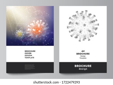 Vector layout of A4 cover mockups templates for brochure, flyer layout, booklet, cover design, book design. 3d medical background of corona virus. Covid 19, coronavirus infection. Virus concept.