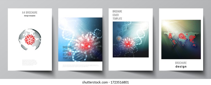 Vector layout of A4 cover mockups templates for brochure, flyer layout, booklet, cover design, book design. 3d medical background of corona virus. Covid 19, coronavirus infection. Virus concept.