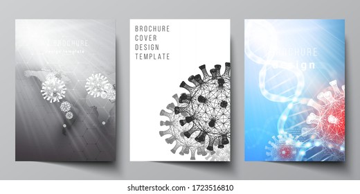 Vector layout of A4 cover mockups templates for brochure, flyer layout, booklet, cover design, book design. 3d medical background of corona virus. Covid 19, coronavirus infection. Virus concept.