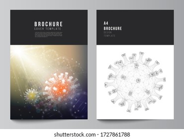 Diseño vectorial de las plantillas de maquetas de portada A4 para folletos, diseño de volante, folleto, diseño de portada, diseño de libros. 3d antecedentes médicos del virus de la corona. Covid 19, infección por el coronavirus. Concepto de virus
