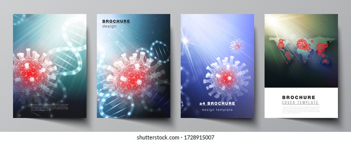 Vector Layout Of A4 Cover Mockups Templates For Brochure, Flyer Layout, Booklet, Cover Design, Book Design. 3d Medical Background Of Corona Virus. Covid 19, Coronavirus Infection. Virus Concept