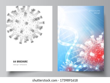 Vector layout of A4 cover mockups templates for brochure, flyer layout, booklet, cover design, book design. 3d medical background of corona virus. Covid 19, coronavirus infection. Virus concept.