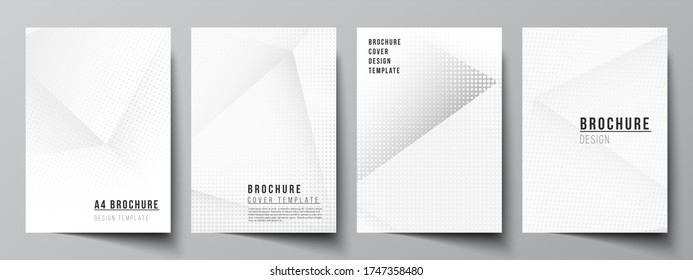 Vector layout of A4 cover mockups design templates for brochure, flyer layout, cover design, book design, brochure cover. Halftone dotted background with gray dots, abstract gradient background.