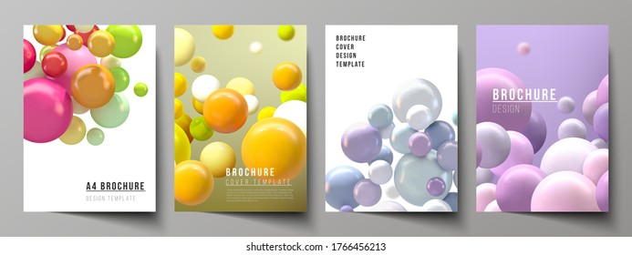 Vector layout of A4 cover mockups templates for brochure, flyer layout, booklet, cover design, book design. Abstract vector futuristic background with colorful 3d spheres, glossy bubbles, balls.