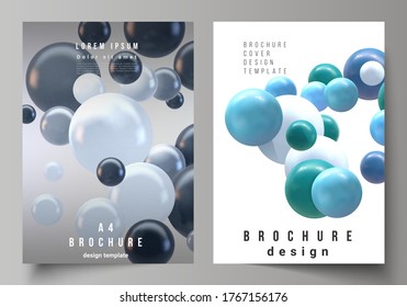 Vector layout of A4 cover mockups templates for brochure, flyer layout, booklet, cover design, book design, brochure cover. Realistic vector background with multicolored 3d spheres, bubbles, balls.
