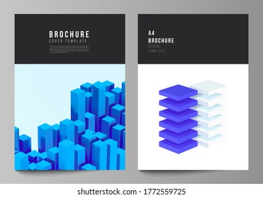 Vector layout of A4 cover mockups templates for brochure, flyer layout, booklet, cover design, book design. 3d render vector composition with dynamic realistic geometric blue shapes in motion.