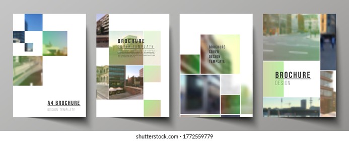 Vector layout of A4 cover mockups design templates for brochure, flyer layout, booklet, cover design, book design, brochure cover. Abstract project with clipping mask green squares for your photo.