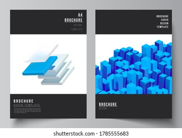 Vector layout of A4 cover mockups templates for brochure, flyer layout, booklet, cover design, book design. 3d render vector composition with dynamic realistic geometric blue shapes in motion.