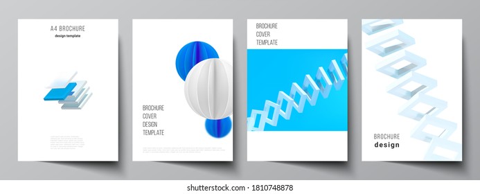 Vector layout of A4 cover mockups templates for brochure, flyer layout, booklet, cover design, book design. 3d render vector composition with dynamic realistic geometric blue shapes in motion.