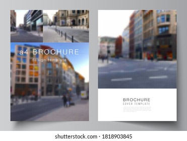 Vector layout of A4 cover mockups design templates for brochure, flyer, booklet, cover design, book design, brochure cover. Abstract halftone effect decoration with dots. Dotted pattern decoration.