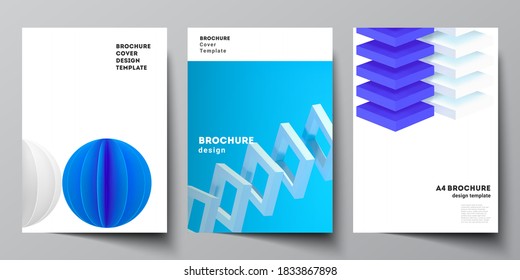 Vector layout of A4 cover mockups templates for brochure, flyer layout, booklet, cover design, book design. 3d render vector composition with dynamic realistic geometric blue shapes in motion.