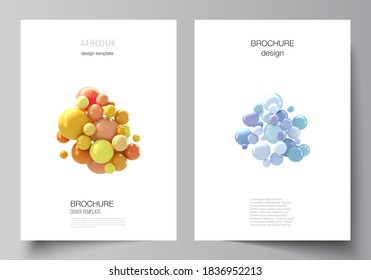 Vector layout of A4 cover mockups templates for brochure, flyer layout, booklet, cover design, book design, brochure cover. Realistic vector background with multicolored 3d spheres, bubbles, balls.