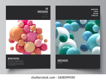 Vector layout of A4 cover mockups templates for brochure, flyer layout, booklet, cover design, book design. Abstract vector futuristic background with colorful 3d spheres, glossy bubbles, balls.