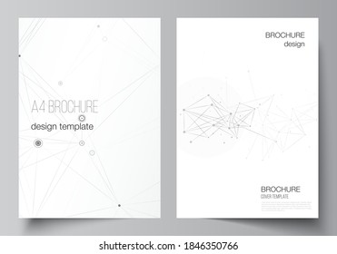 Vector layout of A4 cover mockups templates for brochure, flyer layout, booklet, cover design, book design, brochure cover. Gray technology background with connecting lines and dots. Network concept.