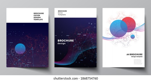 Vector layout of A4 cover mockups templates for brochure, flyer layout, booklet, cover design, book design. Artificial intelligence, big data visualization. Quantum computer technology concept.