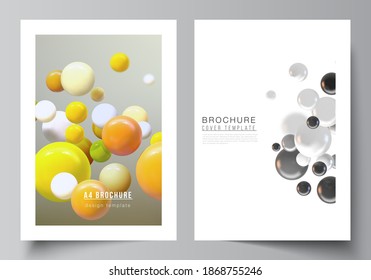 Vector layout of A4 cover mockups templates for brochure, flyer layout, booklet, cover design, book design, brochure cover. Realistic vector background with multicolored 3d spheres, bubbles, balls.