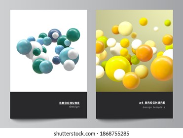 Diseño vectorial de las plantillas de maquetas de portada A4 para folletos, diseño de volante, folleto, diseño de portada, diseño de libros. Resumen vector de fondo futurista con esferas 3d coloridas, burbujas lacrimógenas, bolas.