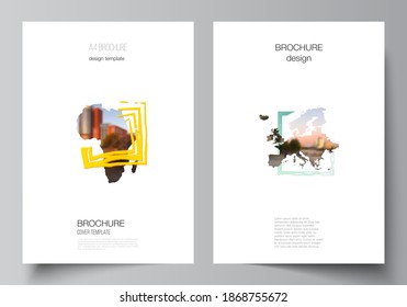 Vector layout of A4 cover mockups templates for brochure, flyer layout, cover design, book design, brochure cover. Design template in the form of world maps and colored frames, insert your photo.