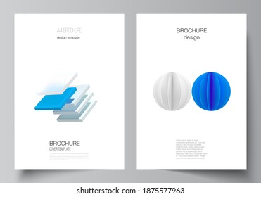 Vector layout of A4 cover mockups templates for brochure, flyer layout, booklet, cover design, book design. 3d render vector composition with dynamic realistic geometric blue shapes in motion.