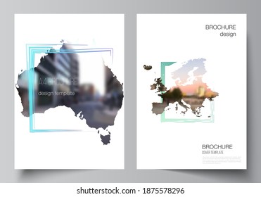 Vector layout of A4 cover mockups templates for brochure, flyer layout, cover design, book design, brochure cover. Design template in the form of world maps and colored frames, insert your photo.