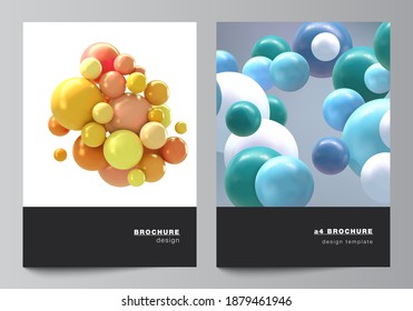 Vector layout of A4 cover mockups templates for brochure, flyer layout, booklet, cover design, book design, brochure cover. Realistic vector background with multicolored 3d spheres, bubbles, balls.