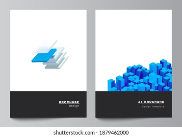 Vector layout of A4 cover mockups templates for brochure, flyer layout, booklet, cover design, book design. 3d render vector composition with dynamic realistic geometric blue shapes in motion.