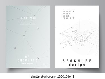 Vector layout of A4 cover mockups templates for brochure, flyer layout, booklet, cover design, book design, brochure cover. Gray technology background with connecting lines and dots. Network concept.