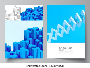 Vector layout of A4 cover mockups templates for brochure, flyer layout, booklet, cover design, book design. 3d render vector composition with dynamic realistic geometric blue shapes in motion.