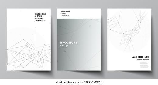 Vector layout of A4 cover mockups templates for brochure, flyer layout, booklet, cover design, book design, brochure cover. Gray technology background with connecting lines and dots. Network concept.