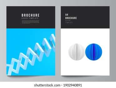 Vector layout of A4 cover mockups templates for brochure, flyer layout, booklet, cover design, book design. 3d render vector composition with dynamic realistic geometric blue shapes in motion.