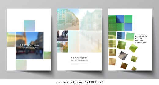 Vector layout of A4 cover mockups design templates for brochure, flyer layout, booklet, cover design, book design, brochure cover. Abstract project with clipping mask green squares for your photo.