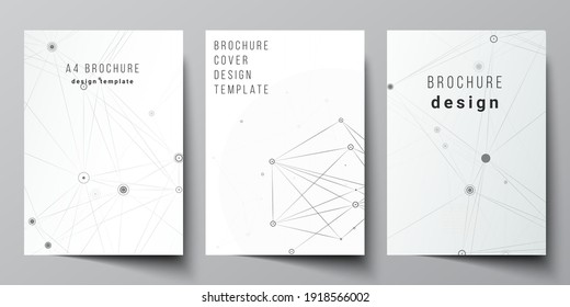 Vector layout of A4 cover mockups templates for brochure, flyer layout, booklet, cover design, book design, brochure cover. Gray technology background with connecting lines and dots. Network concept.