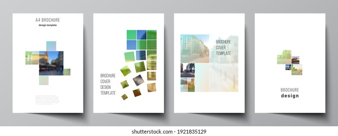 Vector layout of A4 cover mockups design templates for brochure, flyer layout, booklet, cover design, book design, brochure cover. Abstract project with clipping mask green squares for your photo.