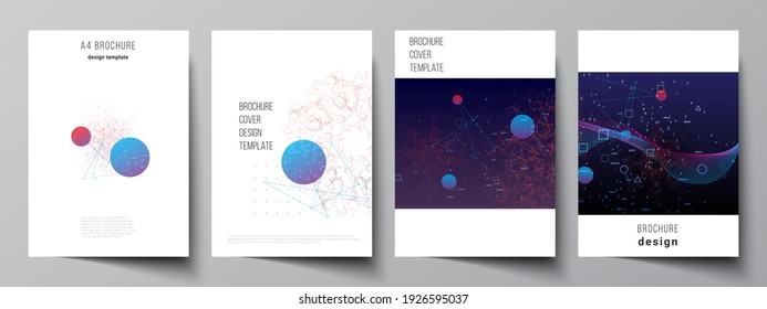 Vector layout of A4 cover mockups templates for brochure, flyer layout, booklet, cover design, book design. Artificial intelligence, big data visualization. Quantum computer technology concept.